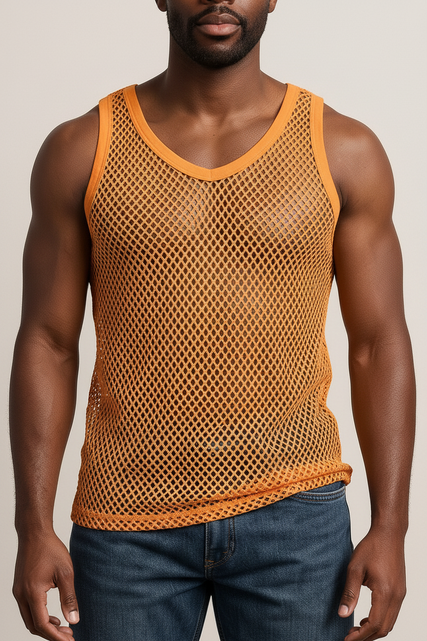 Yellow String Vest. Classic Cotton Mesh String Vests. Muscle Vest in Yellow, Fishnet Gym Workout tops.