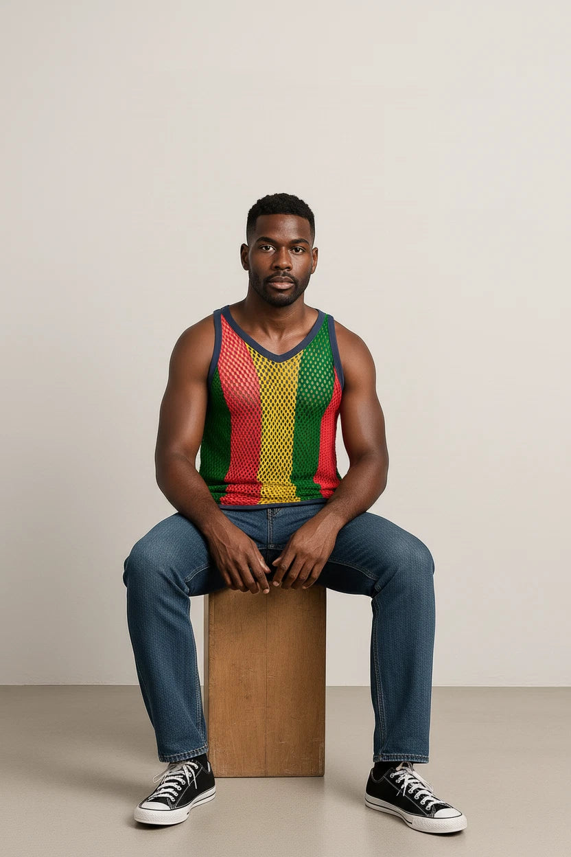 Rasta-3 Rasta String Vest Mesh Mens Crochet Cotton Gym Vests Training Tank Top FishNet