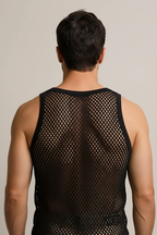 Black String Vest. Classic Cotton Mesh String Vests. Muscle Vest in Black, Fishnet Gym Workout tops.