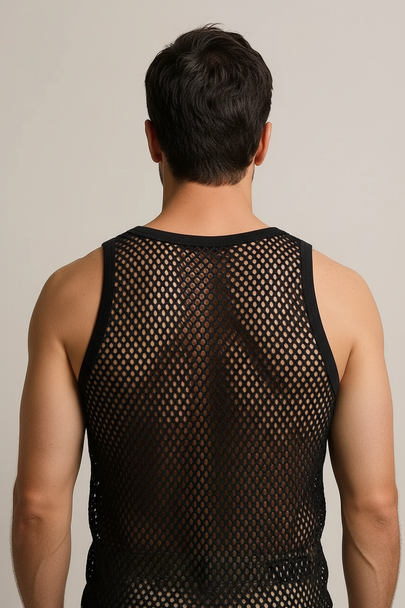 Black String Vest. Classic Cotton Mesh String Vests. Muscle Vest in Black, Fishnet Gym Workout tops.