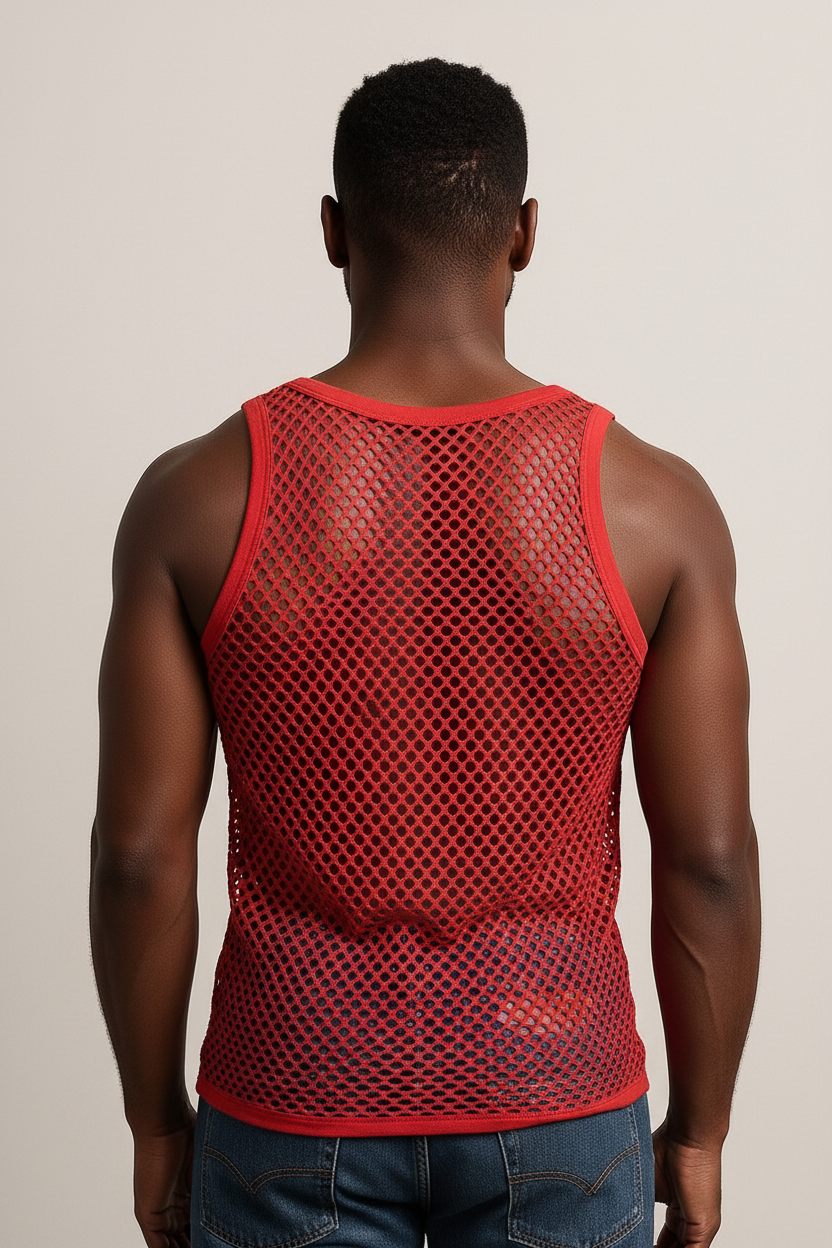 Red String Vest. Classic Cotton Mesh String Vests. Muscle Vest in Red, Fishnet Gym Workout tops.