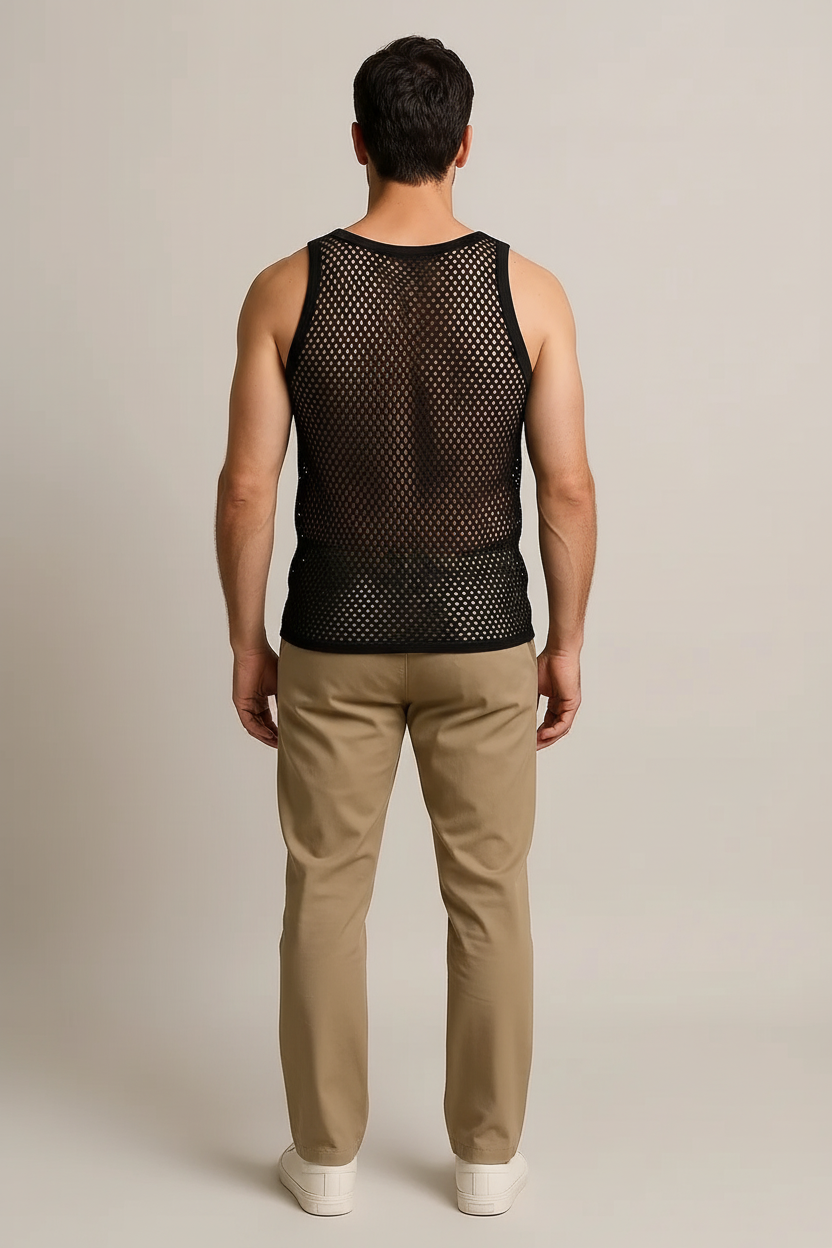 Black String Vest. Classic Cotton Mesh String Vests. Muscle Vest in Black, Fishnet Gym Workout tops.