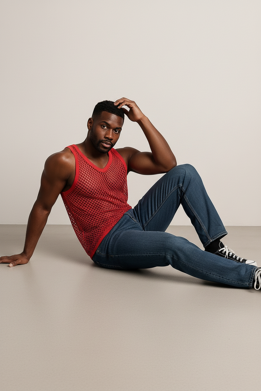 Red String Vest. Classic Cotton Mesh String Vests. Muscle Vest in Red, Fishnet Gym Workout tops.