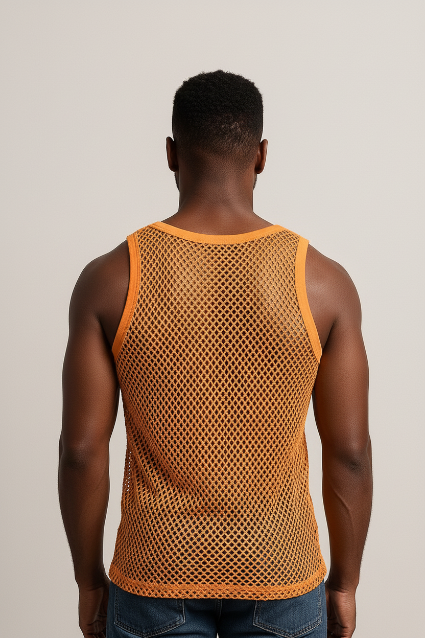 Yellow String Vest. Classic Cotton Mesh String Vests. Muscle Vest in Yellow, Fishnet Gym Workout tops.
