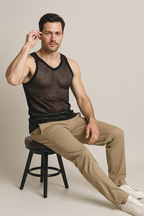 Black String Vest. Classic Cotton Mesh String Vests. Muscle Vest in Black, Fishnet Gym Workout tops.