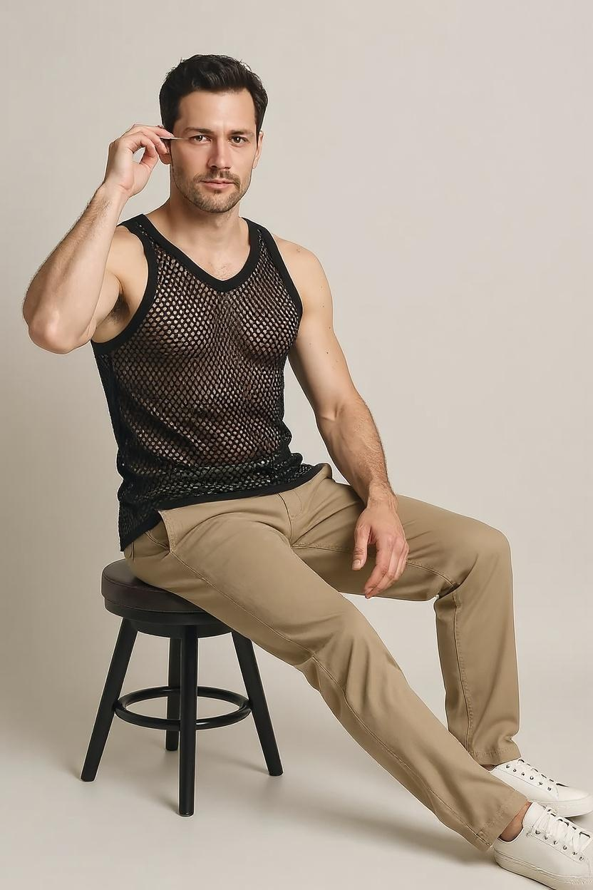 Black String Vest. Classic Cotton Mesh String Vests. Muscle Vest in Black, Fishnet Gym Workout tops.