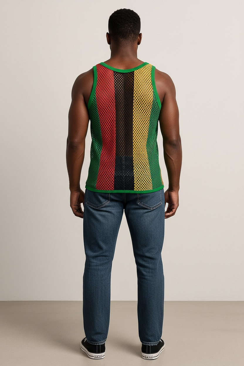 Rasta String Vest in Muscle Vests Reggae Fishnet Vests for Men With Green Trim