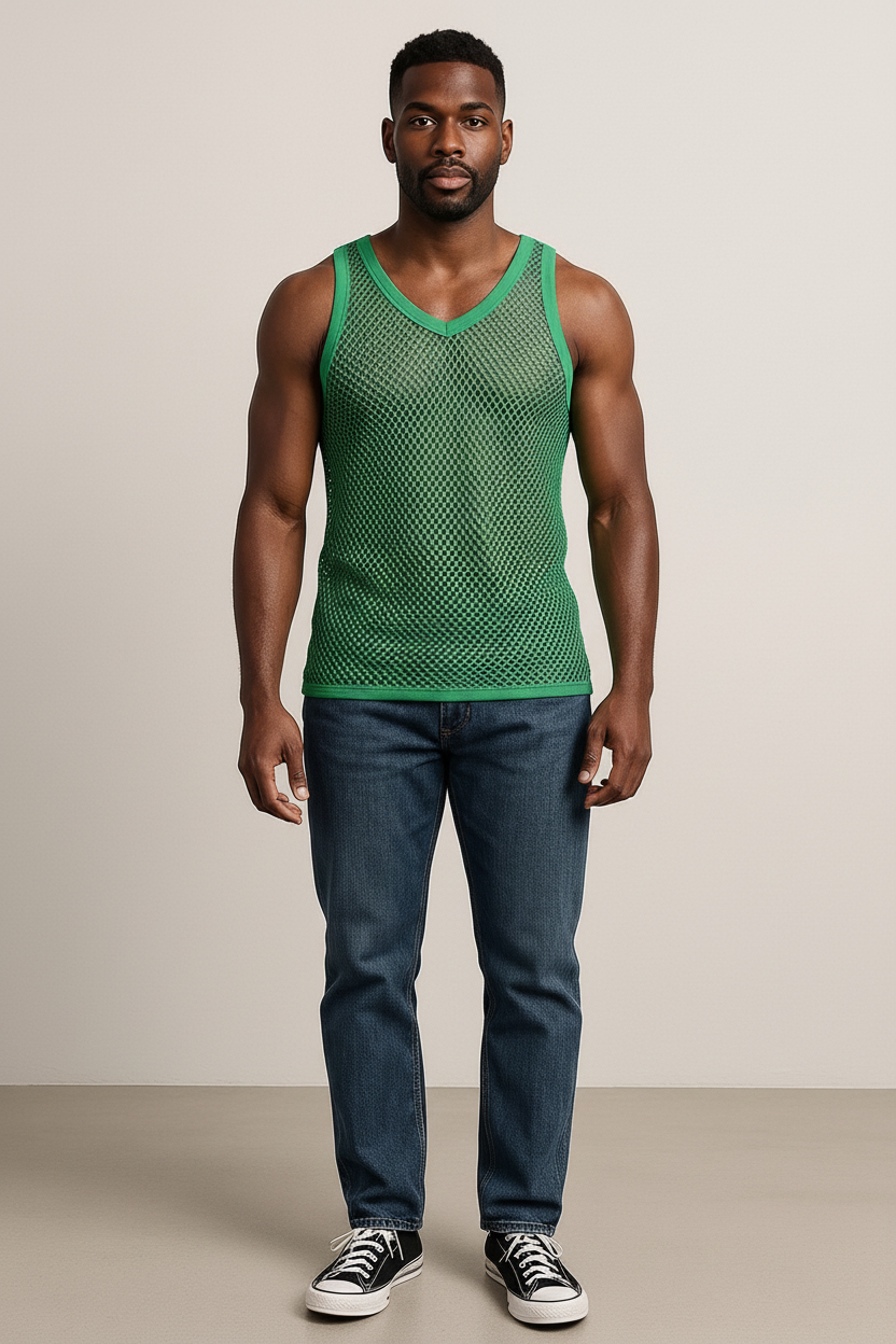 Green String Vest. Classic Cotton Mesh String Vests. Muscle Vest in Green, Fishnet Gym Workout tops.