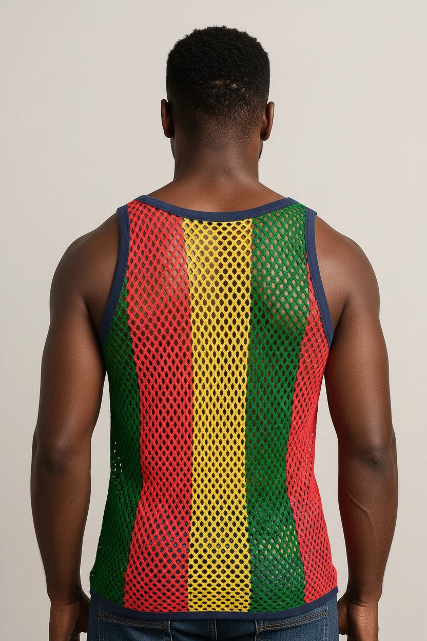 Rasta-3 Rasta String Vest Mesh Mens Crochet Cotton Gym Vests Training Tank Top FishNet