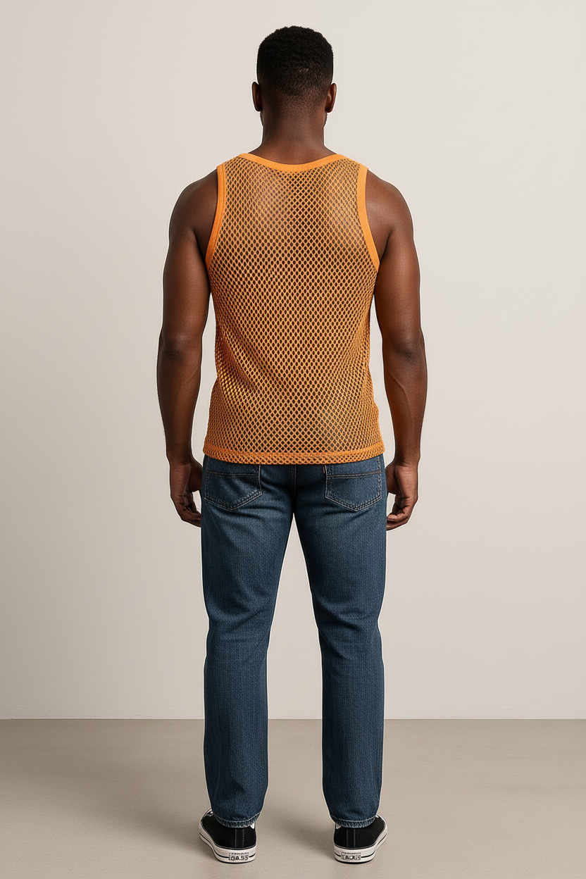 Yellow String Vest. Classic Cotton Mesh String Vests. Muscle Vest in Yellow, Fishnet Gym Workout tops.