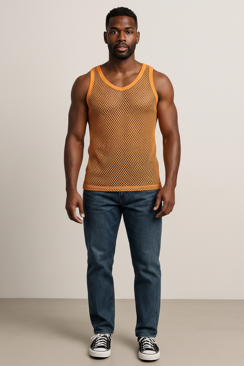 Yellow String Vest. Classic Cotton Mesh String Vests. Muscle Vest in Yellow, Fishnet Gym Workout tops.