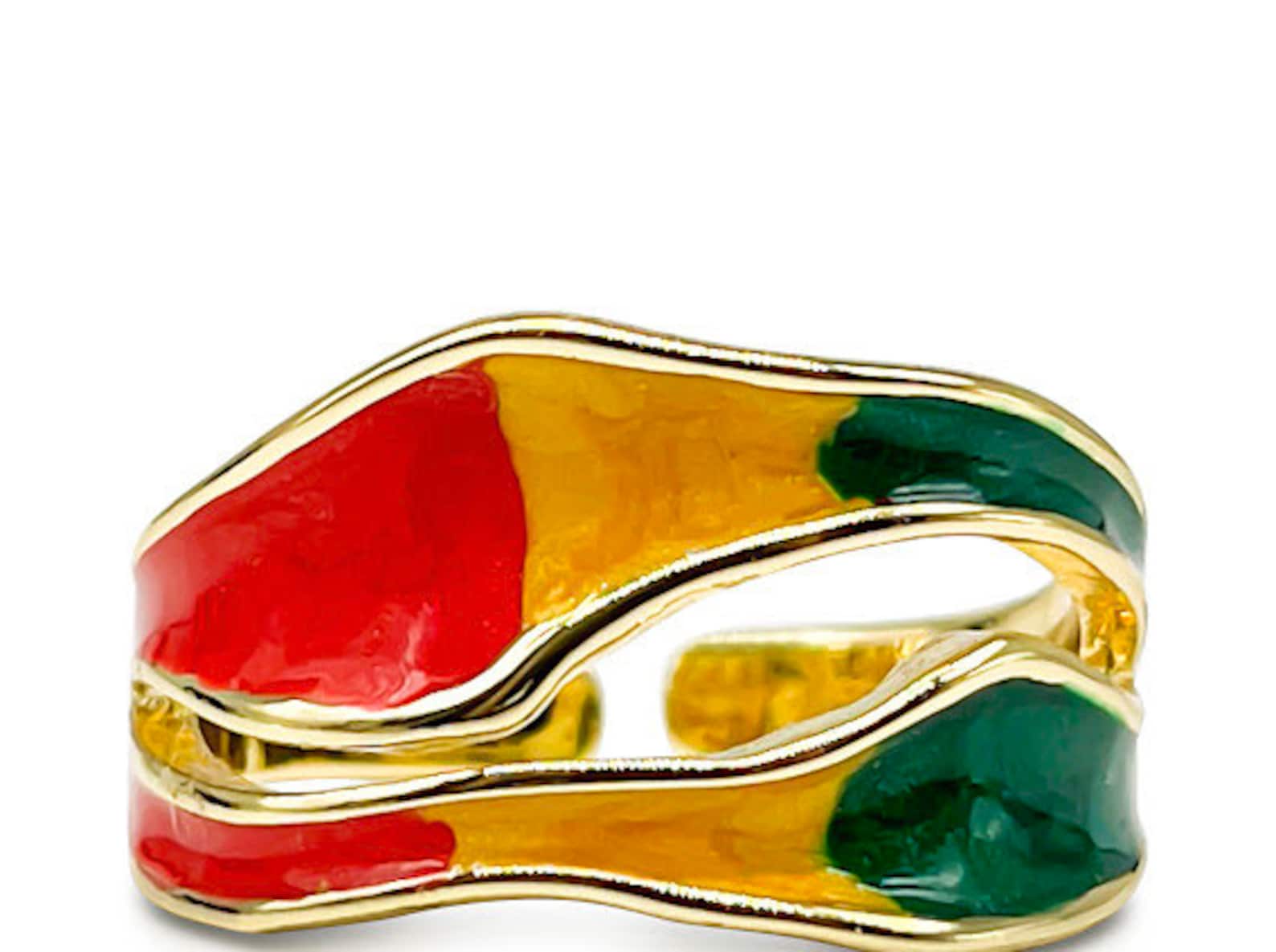 Rasta Jewelry-Rasta Ring 18k Gold Plated ring with Oil Drip Design. Adjustable Stacking Rings